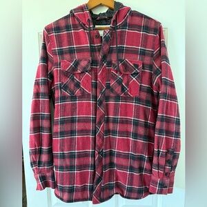 Volcom Snowboarding Hooded Flannel Jacket Red Black Plaid DWR Men’s Small